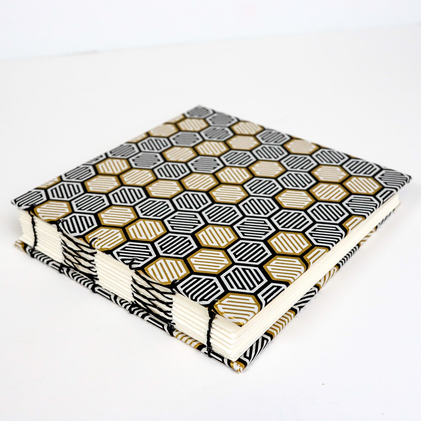 Handmade Mixed Media Journal – Black, White and Gold Hexagon